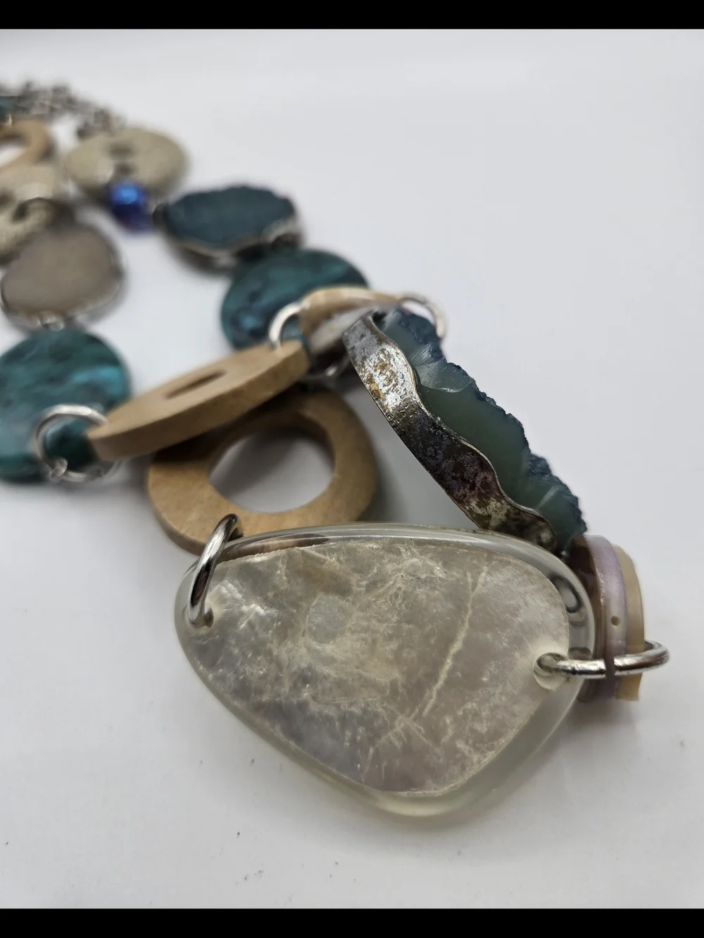 Chico's Teal Wood Silver Mixed Media Necklace Druzy Labradorite Turquoise READ